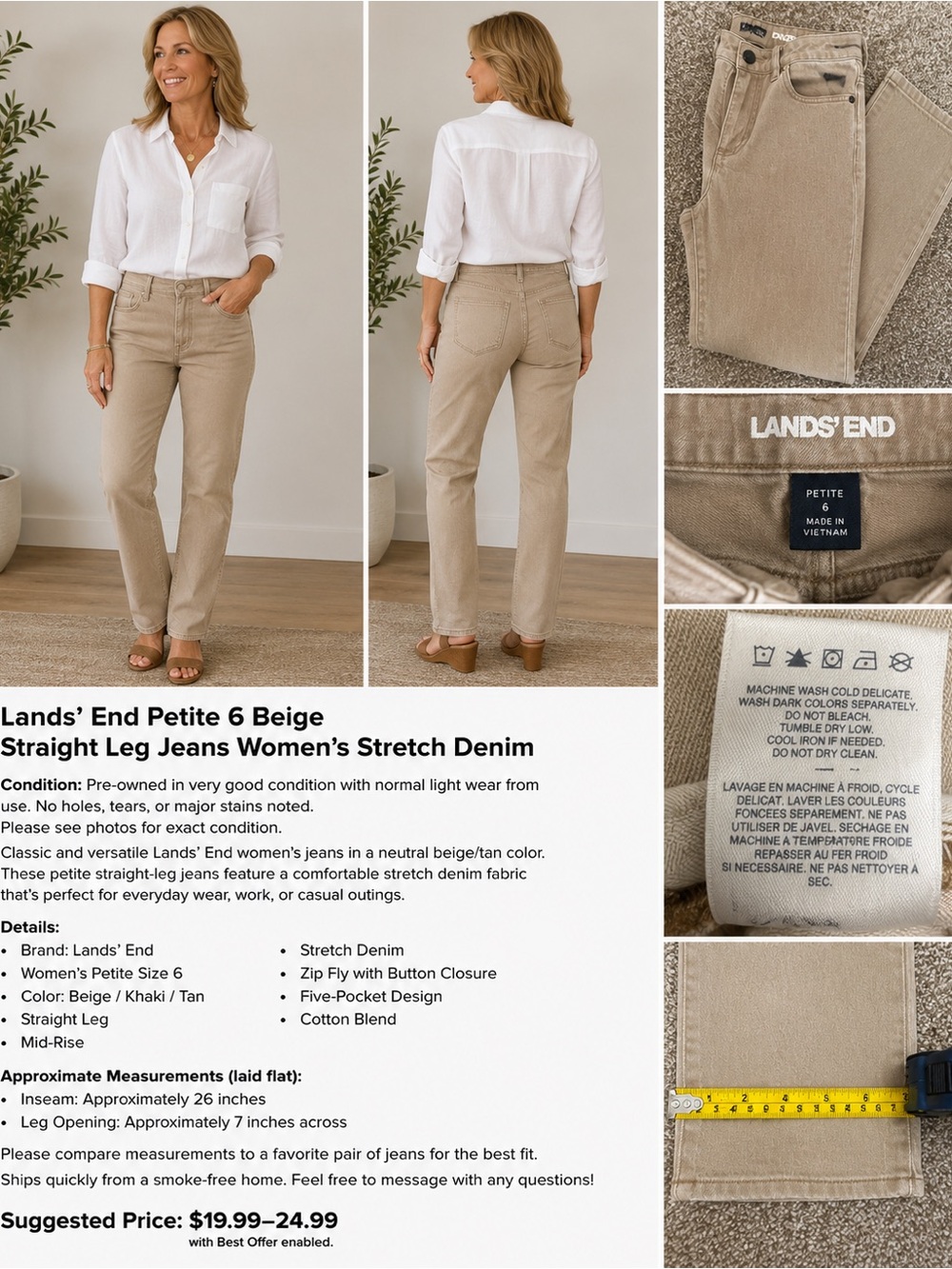 Lands' End Beige Petite Straight-Leg Jeans
